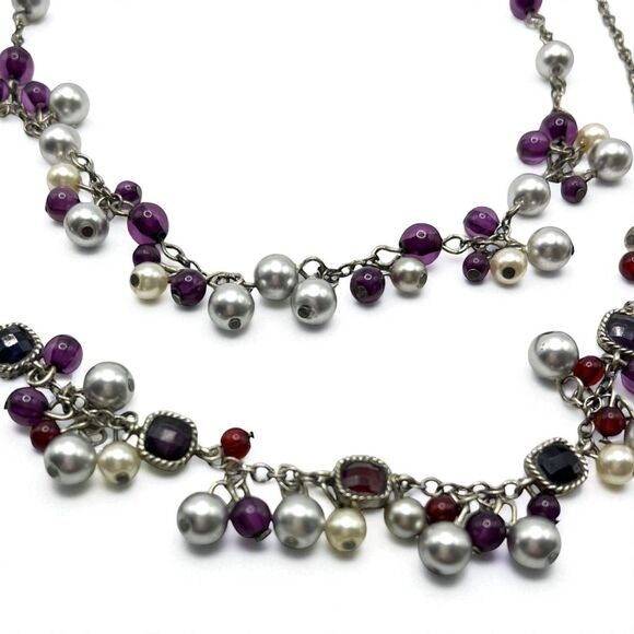 Laila Rowe Layered Necklace Antiqued Silver Tone Purple Red Dangle Bead Boho - Picture 9 of 12